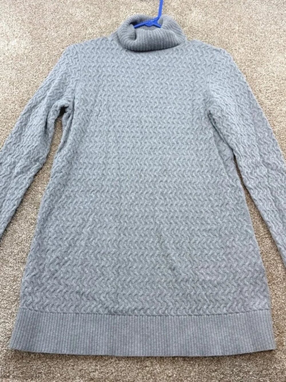 Lands End Womens Small Gray Cotton Textured Cable Knit Turtleneck Sweater Preppy